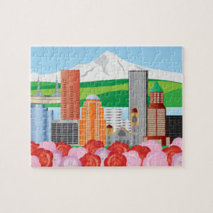 Portland Oregon Cityscape mit Berg-Haube und Rose Puzzle