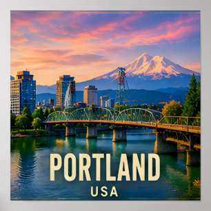 Portland Oregon Flussufer Berg Reise Geschenk Poster