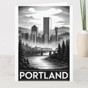 Portland Oregon Skyline Schwarz Weiß Holzschnitt Karte