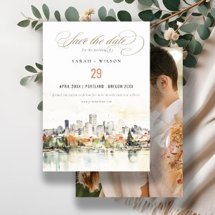 Portland Oregon Skyline Watercolor Wedding Foto Save The Date