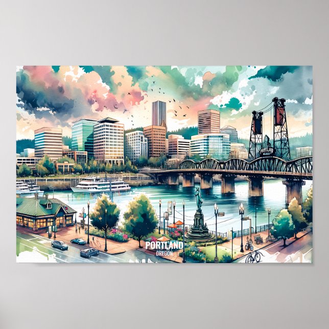 Portland Oregon USA Travel Places watercolor Poster (Vorne)