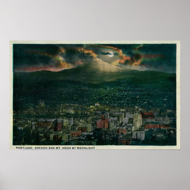 Portland und Berg Hood von Mondlicht Poster (Vorne)