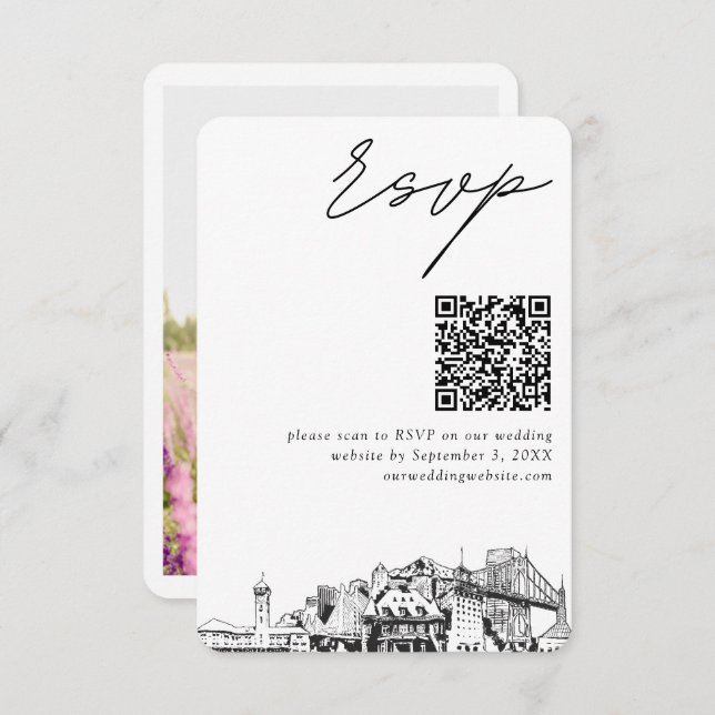 Portland Wedding RSVP QR Code Small Begleitkarte (Vorne/Hinten)