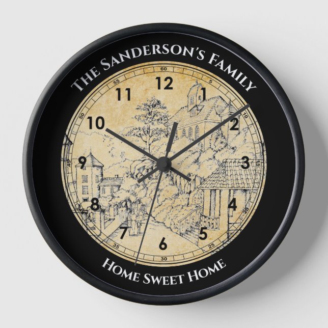 Portmeirion North Wales Pen und Ink Sketch Large C Uhr (Vorderseite)