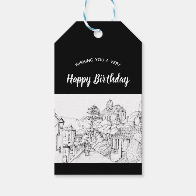 Portmeirion North Wales Pen und Tintenzeichnung Geschenkanhänger (Vorderseite)