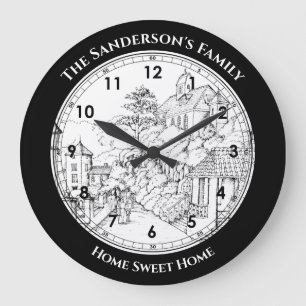 Portmeirion North Wales Pen und Tintenzeichnung Große Wanduhr