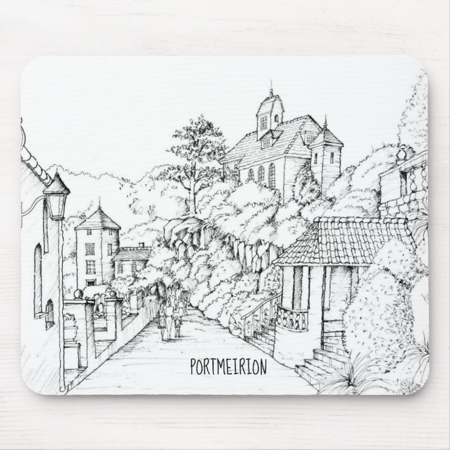 Portmeirion North Wales Pen und Tintenzeichnung Mousepad (Vorne)