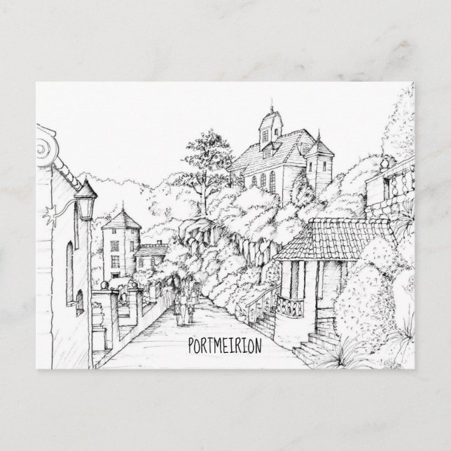 Portmeirion North Wales Pen und Tintenzeichnung Postkarte (Vorderseite)