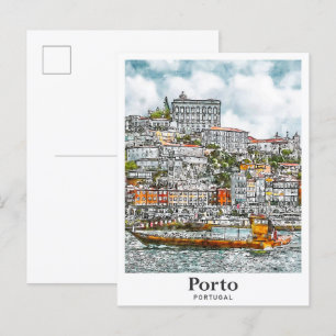 Porto Portugal Reise Wasserfarben Skizze Handgezei Postkarte