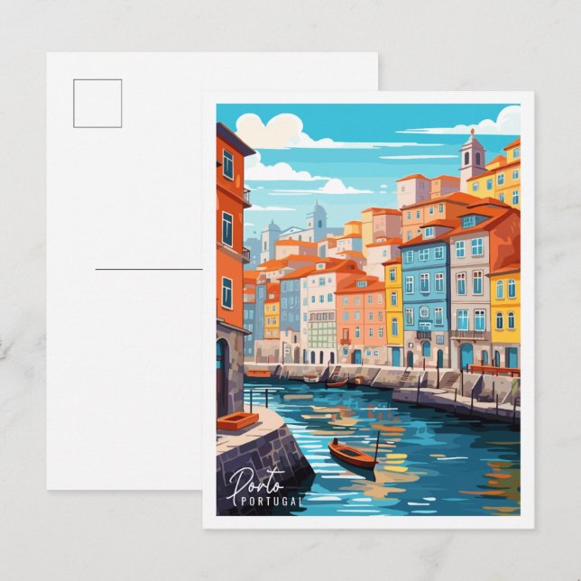 Porto Portugal Vintage Reise Illustration Postkarte (Vorne/Hinten)