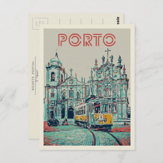 Porto-Straßenbahn und Kirchenillustrierung Portuga Postkarte (Vorne/Hinten)