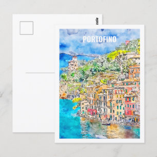 Portofino Italien Berühmter Reiseort Aquarell Postkarte