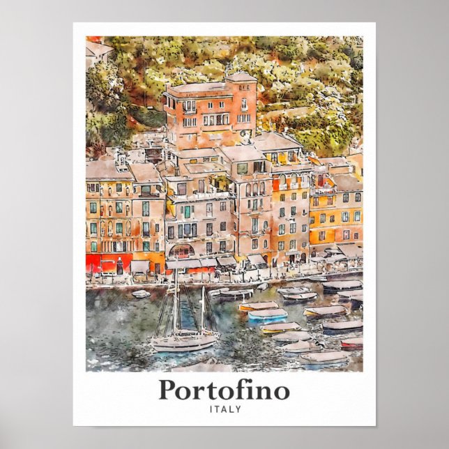 Portofino Italien Reisen Wasserfarbenhandzeichnung Poster (Vorne)