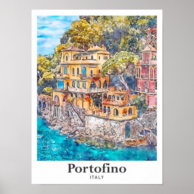 Portofino Italien Reisen Wasserfarbenhandzeichnung Poster (Vorne)