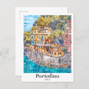 Portofino Italien Reisen Wasserfarbenhandzeichnung Postkarte