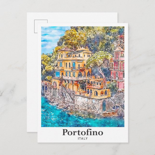Portofino Italien Reisen Wasserfarbenhandzeichnung Postkarte (Vorne/Hinten)