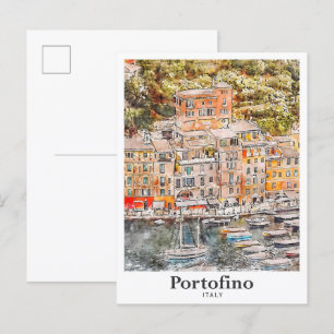 Portofino Italien Reisen Wasserfarbenhandzeichnung Postkarte