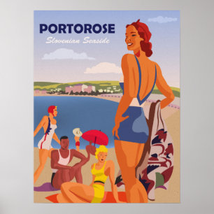 Portorose, Mädchen am Strand, Vintage-Reise Poster