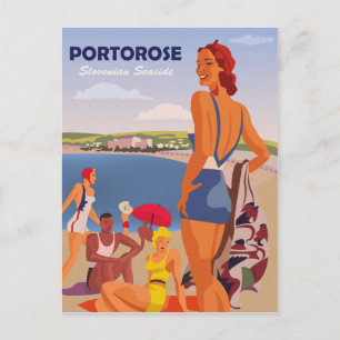 Portorose, Mädchen am Strand, Vintage-Reise Postkarte