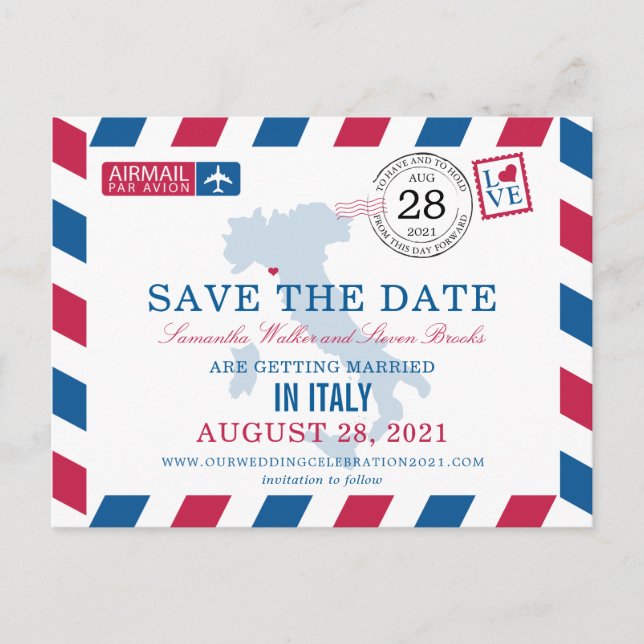 Portovenere Italy Red Blue Airmail Save the Date Ankündigungspostkarte (Vorderseite)