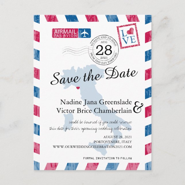 Portovenere Italy Red Blue Airmail Save the Date Ankündigungspostkarte (Vorderseite)