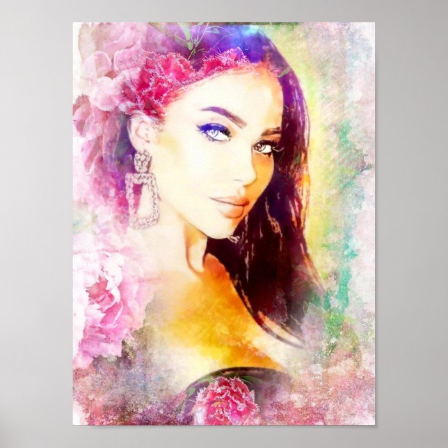 Portrait-Aquarelle-Femme-Fleur Poster (Vorne)