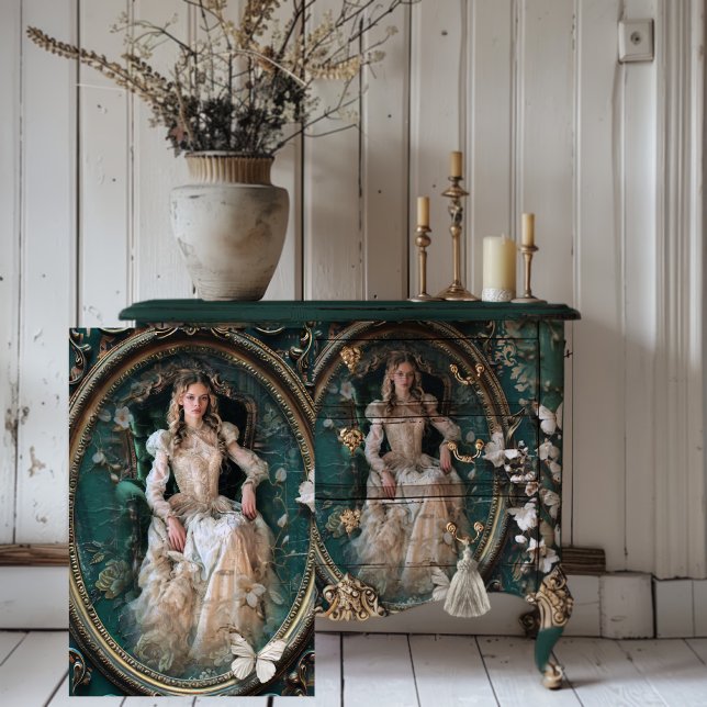 Portrait Art Edwardian Era Emerald Green Seidenpapier (Vintage Edwardian Era Haunting Beauty Portrait Floral & Butterflies Furniture Decoupage Tissue Paper)