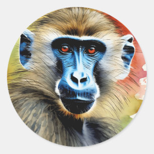 Portrait Baboon Watercolor Runder Aufkleber