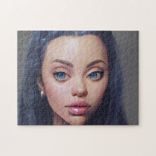 Portrait Blue Hair Eyes Smile Young Woman Puzzle