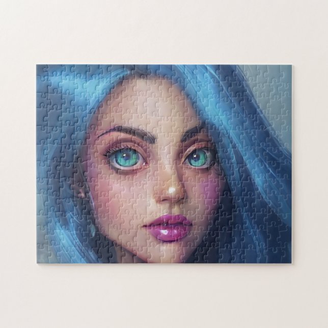 Portrait Blue Hair Green Eyes Lächeln Junge Frau Puzzle (Horizontal)