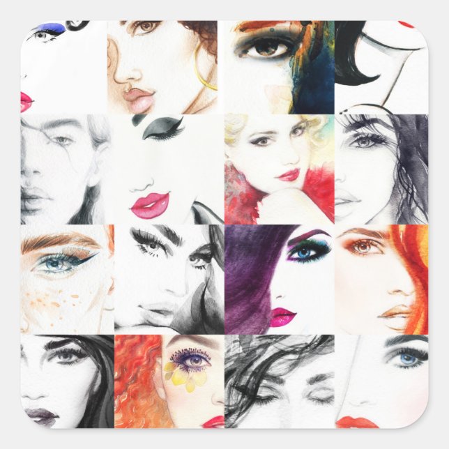 Portrait Collage Illustration Quadratischer Aufkleber (Vorderseite)