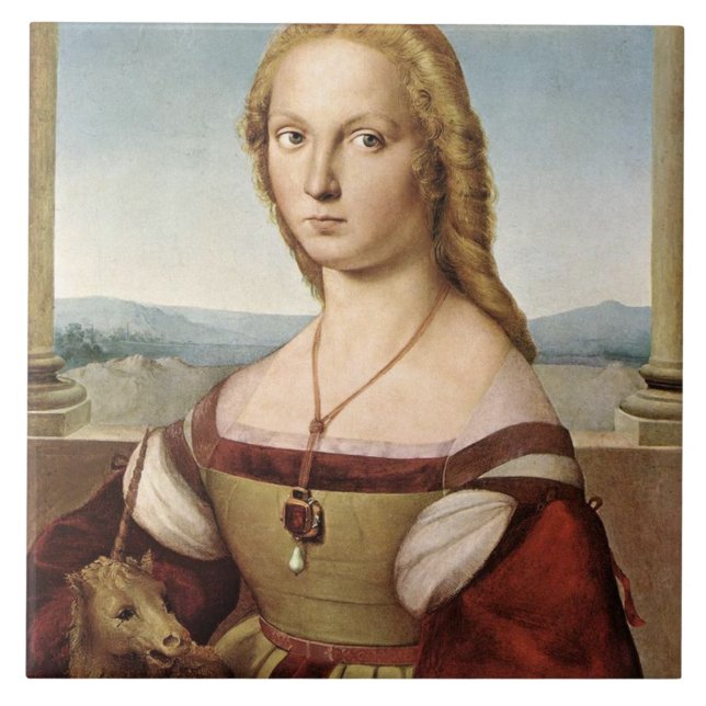 Portrait einer Dame mit Einhorn (von Raphael) Fliese (Vorderseite)