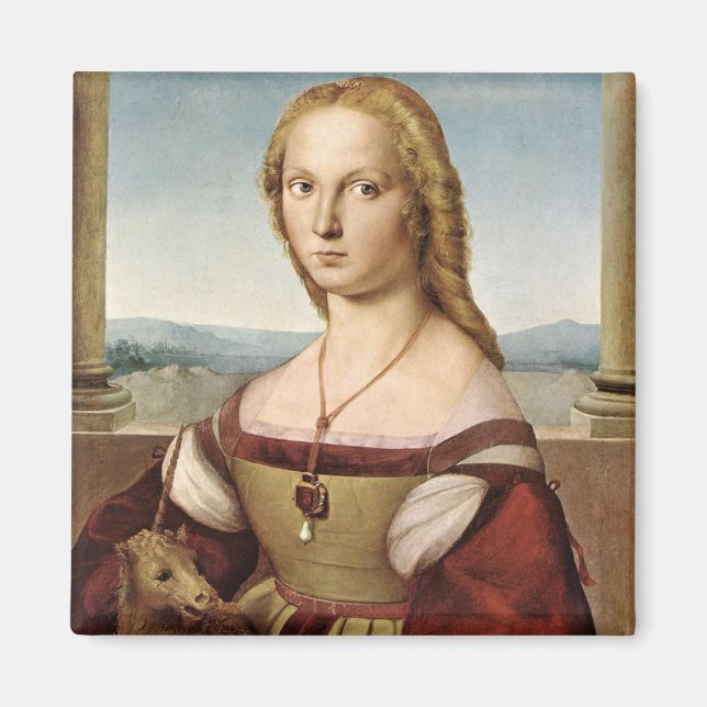 Portrait einer Dame mit Einhorn (von Raphael) Magnet (Vorne)