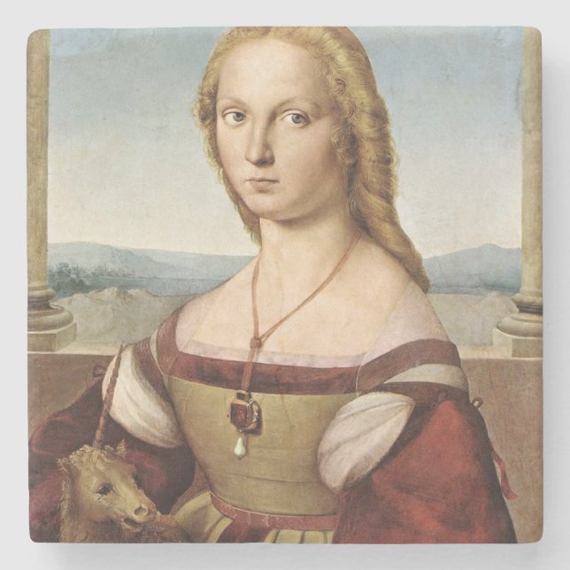 Portrait einer Dame mit Einhorn (von Raphael) Steinuntersetzer (Vorderseite)
