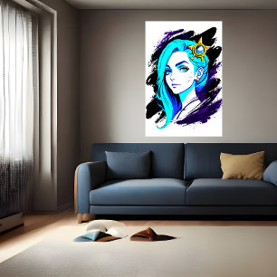 Portrait einer jungen Frau mit blauen Haaren Art Poster