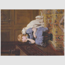 Portrait eines Dekoupage von Mädchen und ihrem Hun Seidenpapier