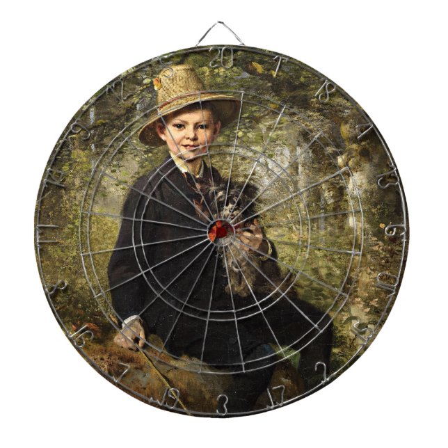 Portrait eines Jungen mit Hund in einem Wald (Knau Dartscheibe (vorne)