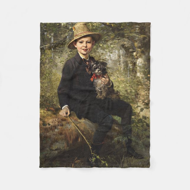 Portrait eines Jungen mit Hund in einem Wald (Knau Fleecedecke (Vorderseite)