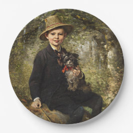 Portrait eines Jungen mit Hund in einem Wald (Knau Pappteller