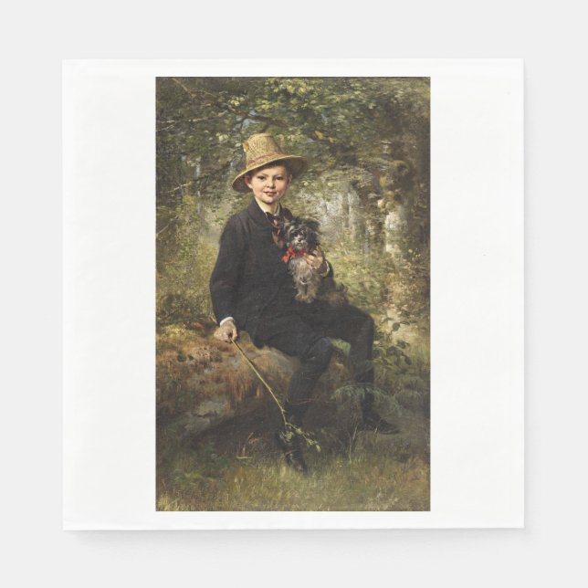 Portrait eines Jungen mit Hund in einem Wald (Knau Serviette (Vorderseite)