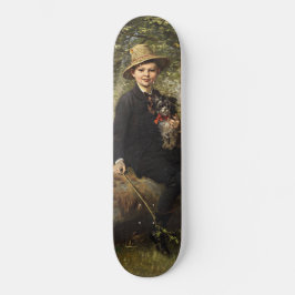 Portrait eines Jungen mit Hund in einem Wald (Knau Skateboard