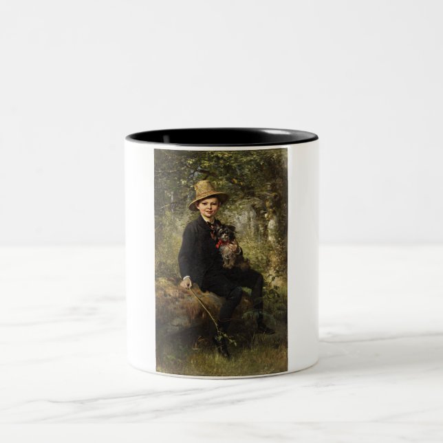 Portrait eines Jungen mit Hund in einem Wald (Knau Zweifarbige Tasse (Mittel)