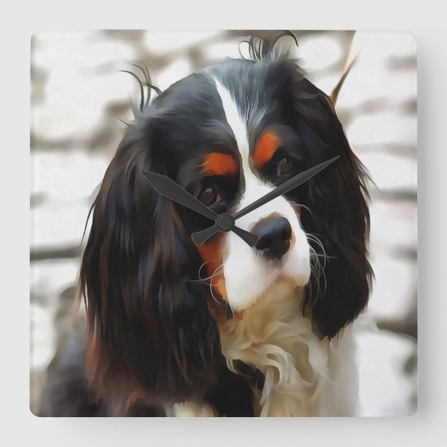 Portrait eines Königs Charles Cavalier Spaniel Quadratische Wanduhr (Vorderseite)