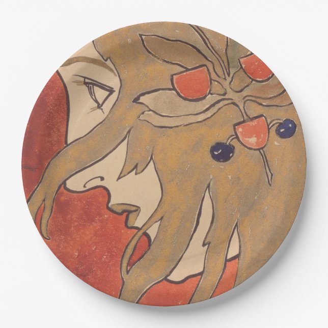 Portrait eines schönen Mädchen in Rot (Jugendstil) Pappteller (Vorderseite)