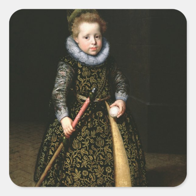 Portrait eines vierjährigen Jungen mit Club und Quadratischer Aufkleber (Vorderseite)