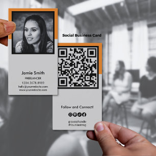 Portrait Foto Social QR Code Schwarz, Orange & Gra Visitenkarte