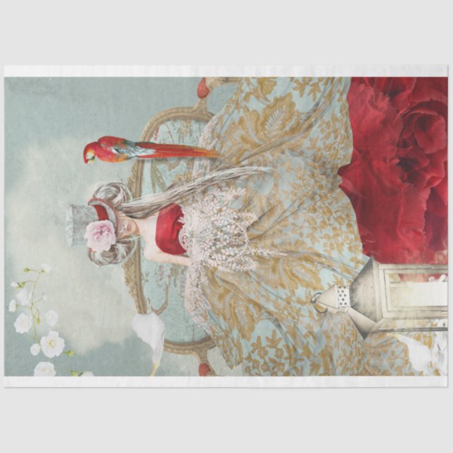 Portrait Girl Sitting Bird und Blumengestein Seidenpapier (Vorderseite)