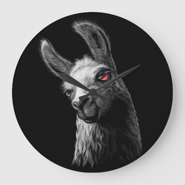 Portrait Head Niedlich Llama auf schwarzem Hinterg Große Wanduhr (Vorderseite)