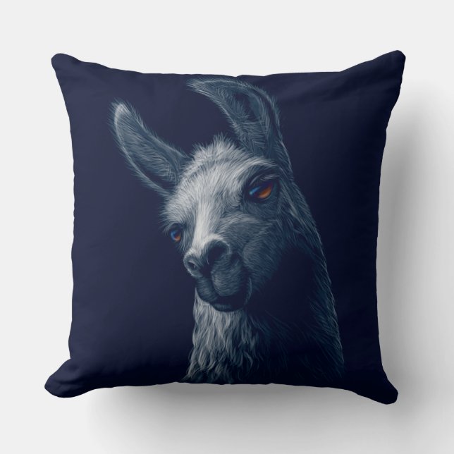 Portrait Head Niedlich Llama mit Navy Background Kissen (Vorderseite)