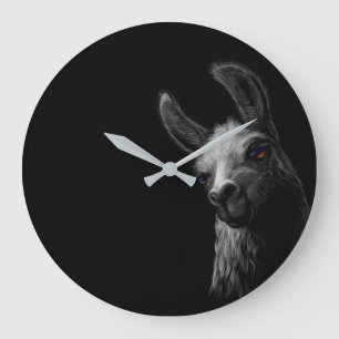 Portrait Head Niedlich Llama mit schwarzem Hinterg Große Wanduhr